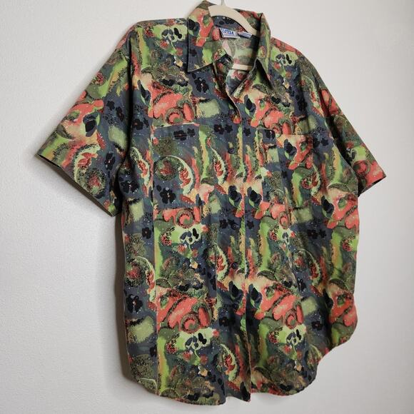 Vintage 80s 90s Button Shirt Extra 20W Oversized Dad Abstract Nature Art Floral - Picture 2 of 5